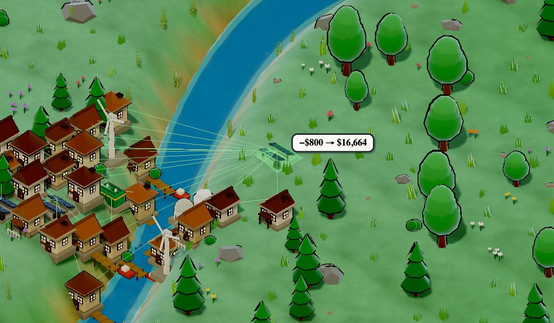 Placing a solar source near homes; green lines show the houses it reaches